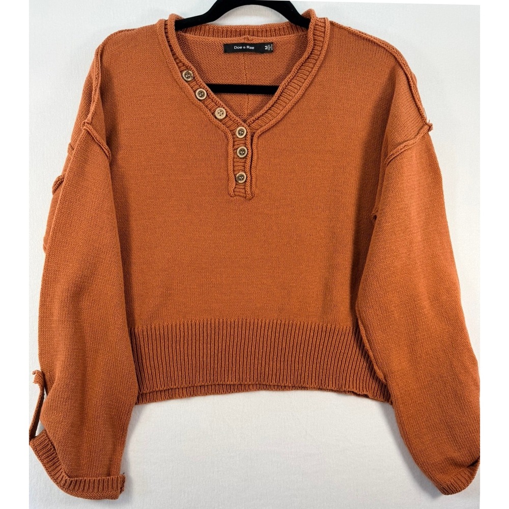 Doe & Rae Rust Orange Cotton Henley Cropped Sweater Boho Exposed Seam Medium